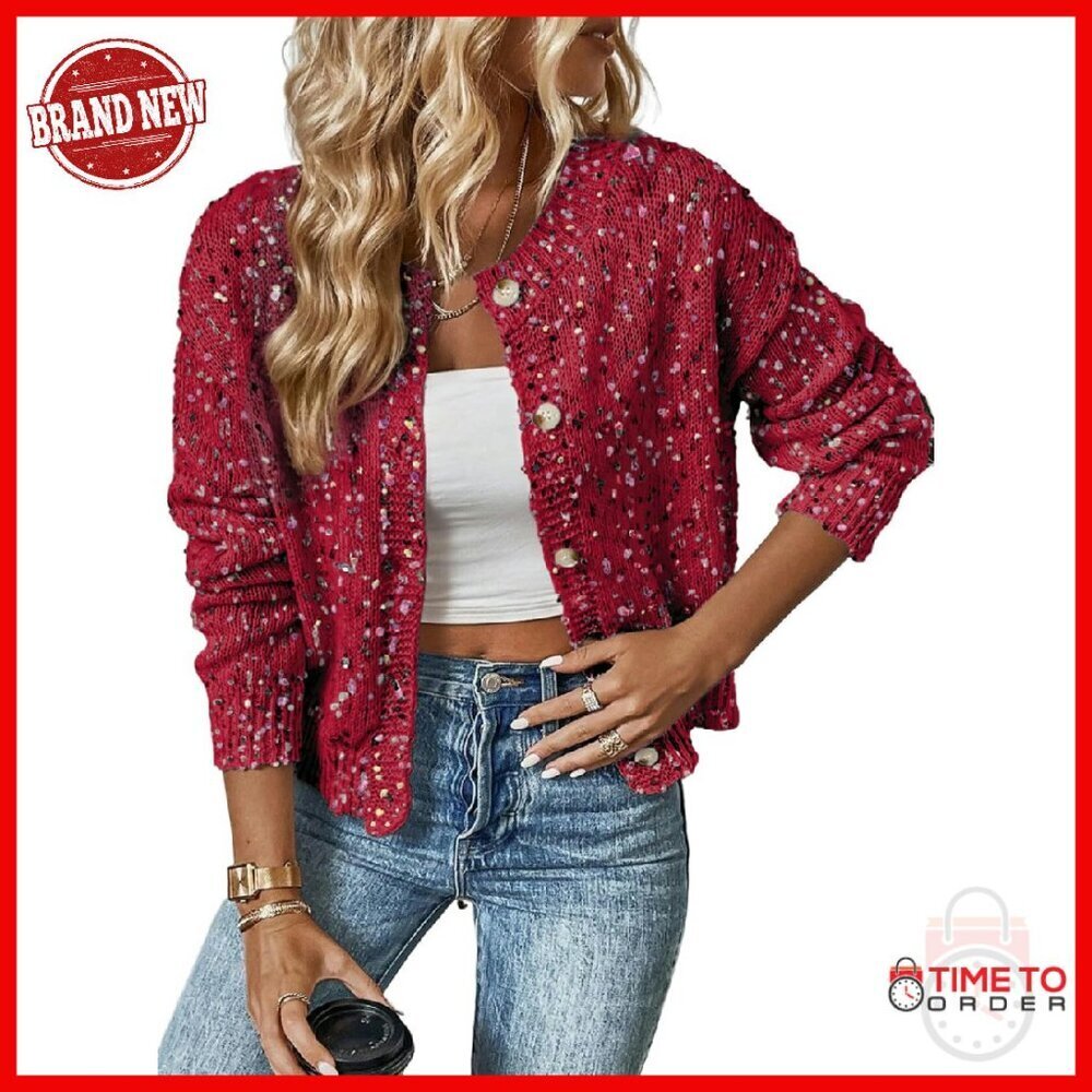 Elegant Rhinestone Cardigan Sweater, Boyfriend Fit, Below Hip Length